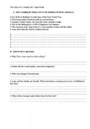 English Worksheet: Questions about The Diary of Anne Frank