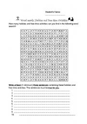 English Worksheet: Hobbies and Free-Time Activities: Word search