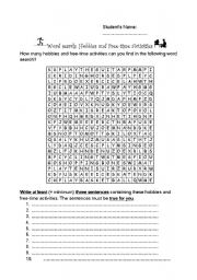 English worksheet: Hobbies and Free-Time Activities: Word search