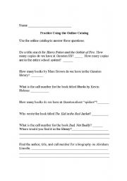 English worksheet: Using an online library catalog