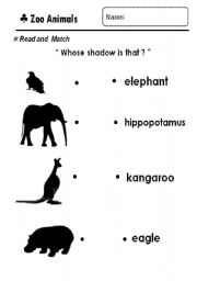English worksheet: Matching the animals name and its shadow