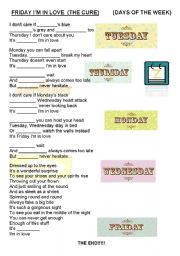 English Worksheet: THE CURE - FRIDAY IM IN LOVE (GAP-FILLING)