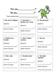 English Worksheet: Can you? Bingo