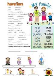English Worksheet: MY FAMILY -have/has