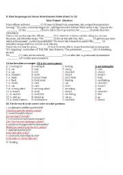 English Worksheet: grammar test, reading. pre-inter students