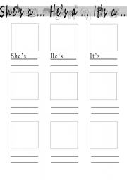 English worksheet: Shes/Hes/Its (a/an)...  part 1