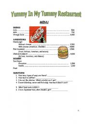 English Worksheet: Ordering at a Restaurant Menu