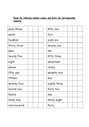English worksheet: Number names
