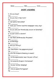 English worksheet: Short Answers