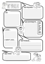 English Worksheet: WRITING ABOUT MY WORLD (friends, town, family, favourites, likes, dislikes