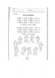 English Worksheet: song: 1 little, 2 little indians