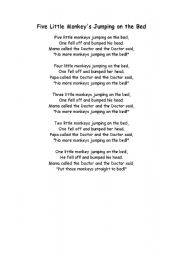 English Worksheet: Five little monkeys jumping on the bed (text/rhyme)