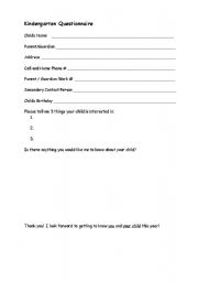 English worksheet: Kindergarten Questionaire