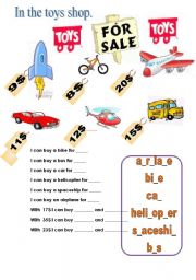 English worksheet: transportation toys for sale.