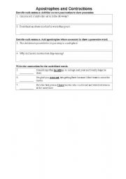 English worksheet: Apostrophes and Contractions