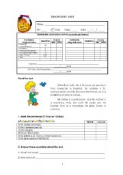 English Worksheet: Diagnostic test - 6th grade (1/2)