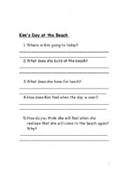 English worksheet: Kims Day At The  Beach