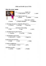 English worksheet: Multiple choice test on jobs and inner qualities