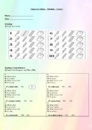 English worksheet: Classroom objects  - Numbers - Colours - Part 1/2