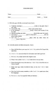 English worksheet: Quiz (garment description, modal verbs, and verbs)