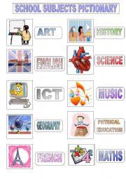 English Worksheet: SCHOOL SUBJECTS PICTIONARY AND WORKSHEET