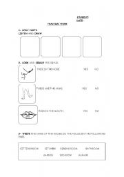 English worksheet: practice work on body parts and rooms in the house
