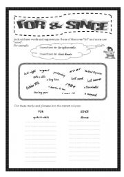 English Worksheet: For and Since