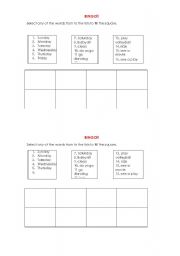 English Worksheet: bingo warm up