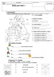 English Worksheet: test on the British Isles, nationalities, emblems and flags