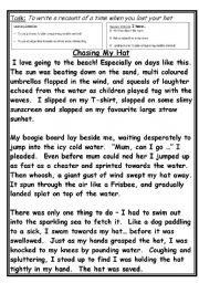 English worksheet: Personal recount cameo- Chasing my sun hat