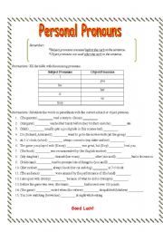 English Worksheet: Personal Pronouns (Subject and Object) Exercise