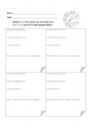 English Worksheet: Vocabulary Self Selection Worksheet