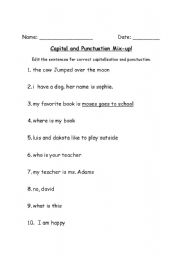 English Worksheet: Capital and Punctuation Mixup!