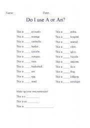English Worksheet: Do I use a or an?