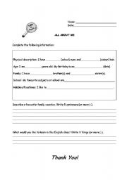 English Worksheet: All About Me
