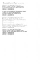 English Worksheet: Dance me to the end of glove