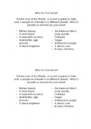 English worksheet: Who Do You Save - Conversation