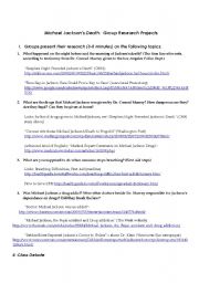 English Worksheet: Group Research Project: Michael Jacksons Death