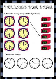 English Worksheet: TELLING THE TIME 2 PAGES (4 exercises)