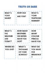 English Worksheet: TRUTH OR DARE SPEAKING CARDS