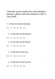 English worksheet: Identifying numbers 10-15