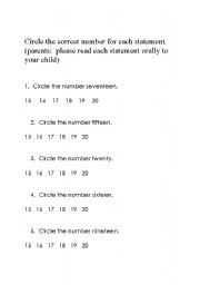 English worksheet: Identify numbers 15-20
