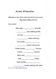 English Worksheet: Animal Alliteration