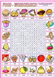 English Worksheet: FOOD - WORDSEARCH  (B&W VERSION INCLUDED)