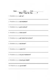English worksheet: What time do you...?