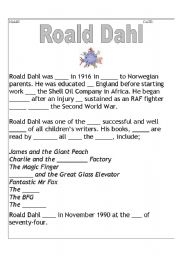 English Worksheet: Roald Dahl- biography cloze (higher ability)