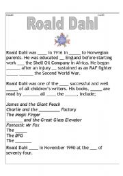 English worksheet: Roald Dahl- biography cloze (higher ability)