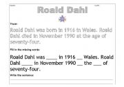 English Worksheet: Roald Dahl biography - cloze (weaker students)