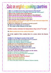 English Worksheet: English speaking countries. Quiz.