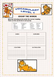 English Worksheet: VOCABULARY - NAMES, SURNAMES, COUNTRIES, NATIONALITIES